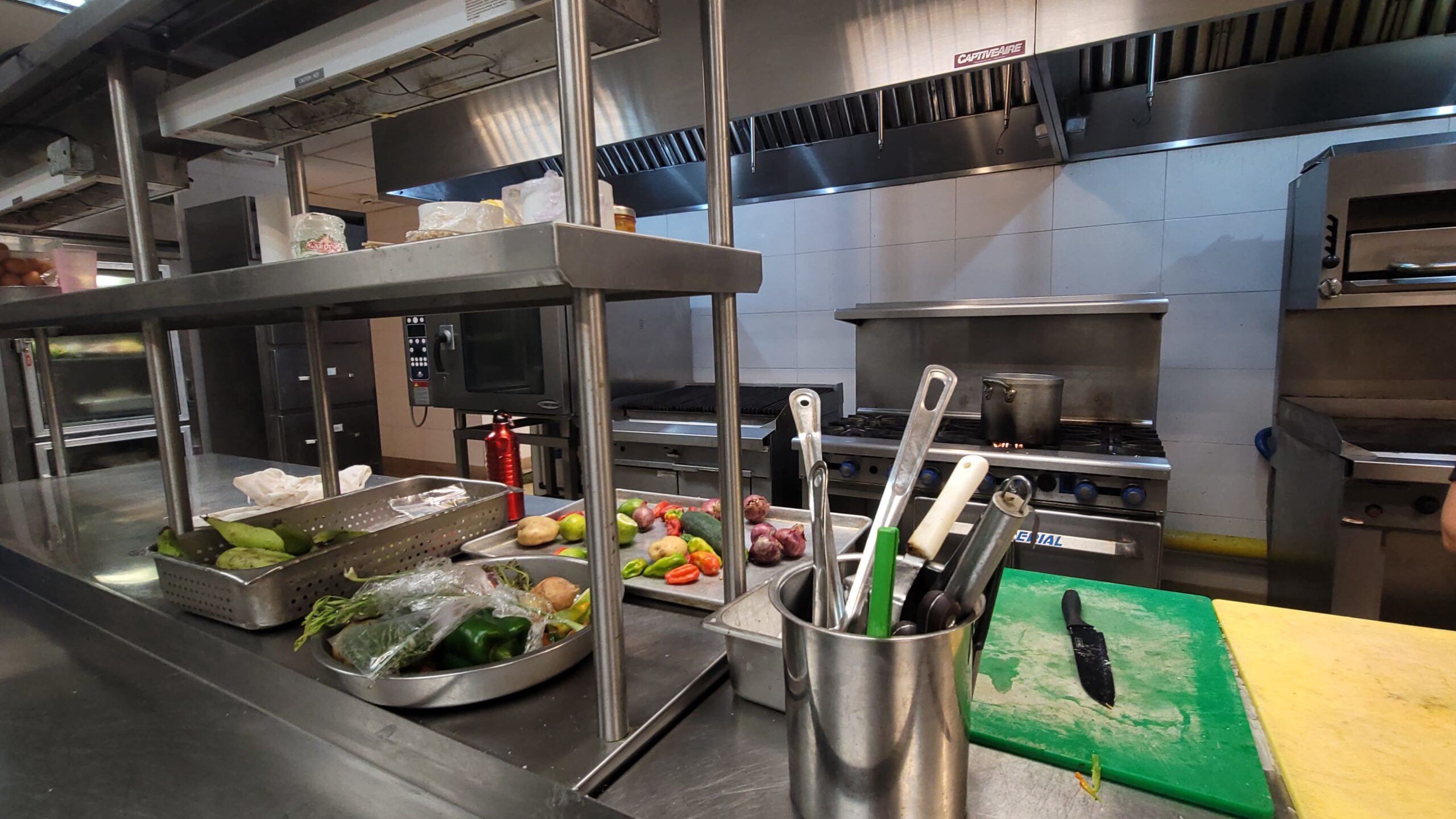 Vegtales con utencilios de cocina, en espacio profesional